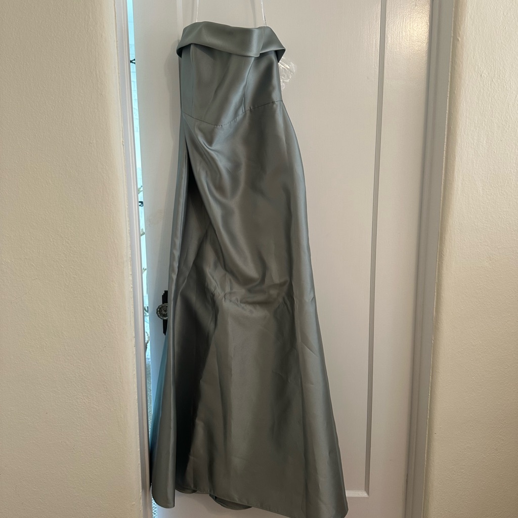 Alfred Sung Strapless Satin Gown In Sage Green